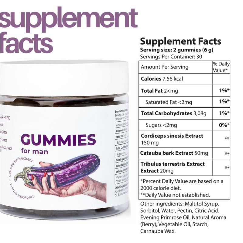 Mens Gummies Libido Booster for Men - Male Libido Supplements for Men, Sugar-Free, Vegan, & Non-GMO Formula w/Cordyceps & Catuaba - Discreet & Delicious - 60 Gummies, Berry Flavour