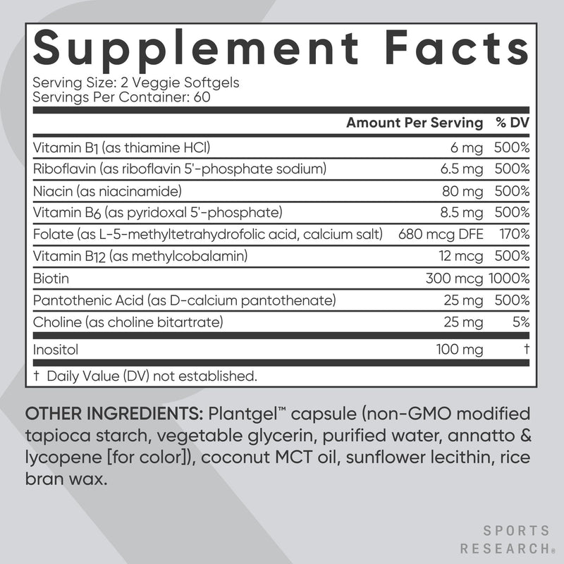 Sports Research® Vitamin B-Complex, 120 Count Plantgels™ | Full Spectrum of B Vitamins with Methylated B12 & Folate - Gluten Free · Plant-Based · Non-GMO · Vegan-Friendly Formula 120 Count (Pack of 1)