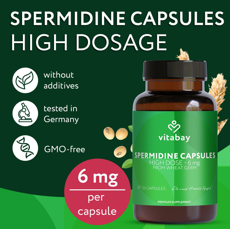 Vitabay Spermidine 6 mg High Strength Supplement – 120 Vegan Capsules with Fermented Wheat Germ Extract – Laboratory Tested in Germany – No Additives – 4 Month Supply