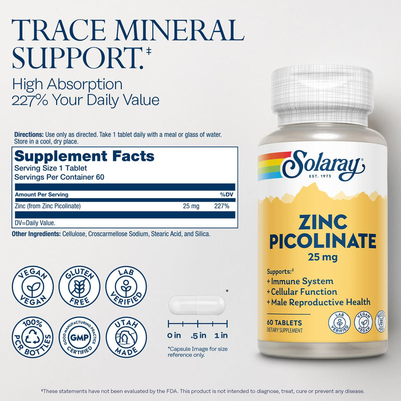 SOLARAY Zinc Picolinate 25 mg, 60 Tablets | Immune, Cellular & Skin Health Support, Highly Bioavailable Zinc Picolinate, 60 Servings, Vegan, Gluten Free, Lab Verified