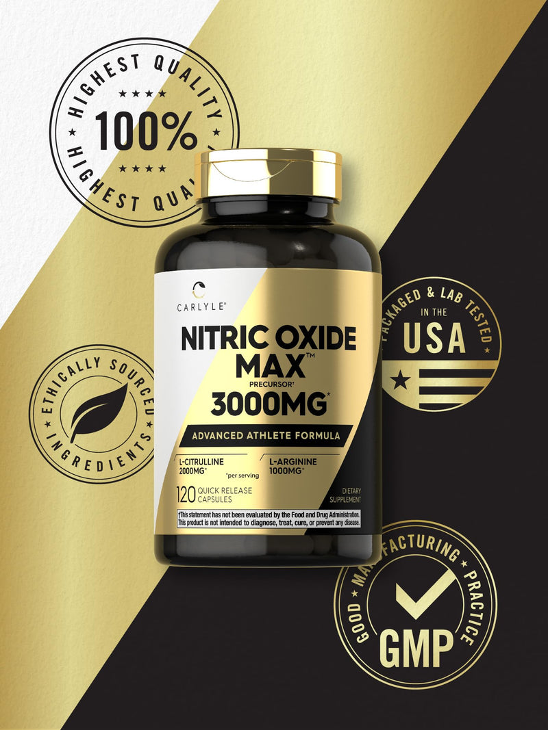 [Australia] - Carlyle Nitric Oxide Supplement 3000mg | 120 Capsules | Pre Workout with L-Arginine & L-Citrulline | Non-GMO, Gluten Free 