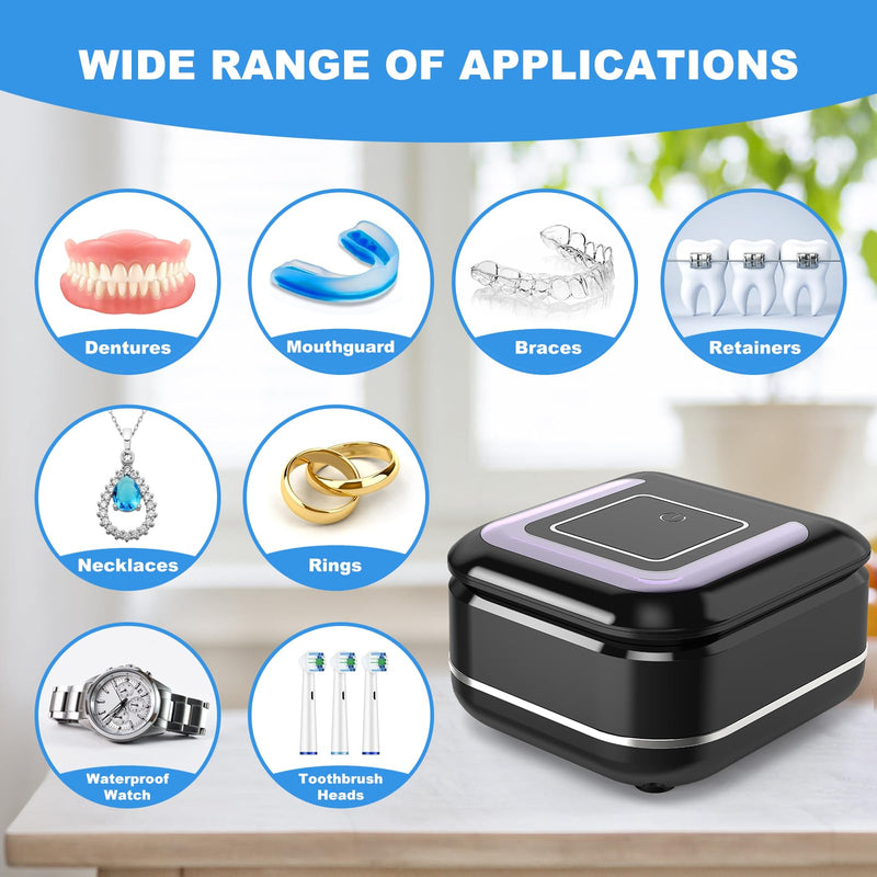 [Australia] - Ultrasonic Retainer Cleaner, Denture Cleaner Machine, Portable Sonic Cleaner Pod for Denture, Mouth Guard, Aligner, Night Guard, 180ML/42kHz Jewelry Cleaner Dark Black 