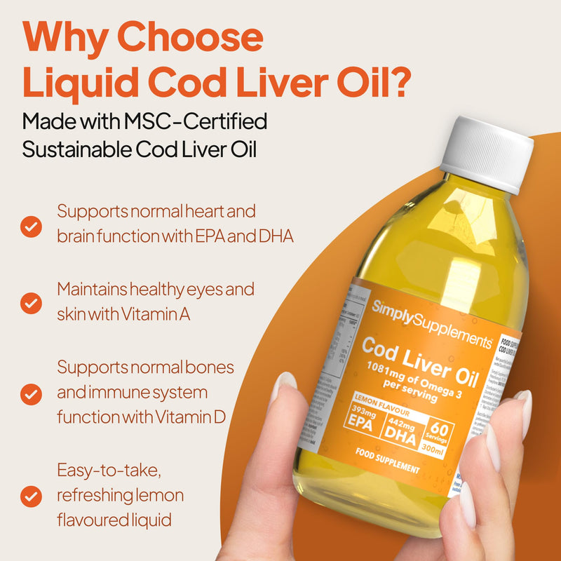 Cod Liver Oil Liquid Supplement | Supports Heart, Brain, Eye & Immune Health | High in DHA & EPA | Natural Lemon Flavour | 60 Servings (60ml) | Made in The UK | Made with MSC-Certified Cod Liver Oil