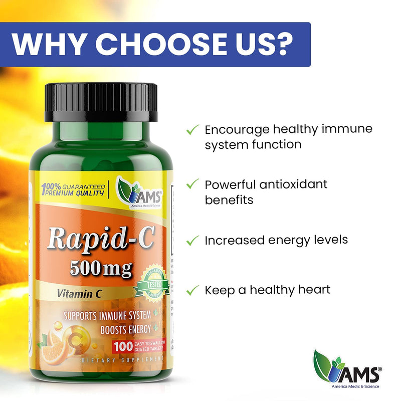 America Medic & Science Rapid-C 500mg Vitamin C Supplement 500 Tablets (5 Pack of 100 Tablets) Daily Immune System Support, Antioxidant | Vegan, Non-GMO Coated Ascorbic Acid for Adult Men & Women 100 Count (Pack of 5)