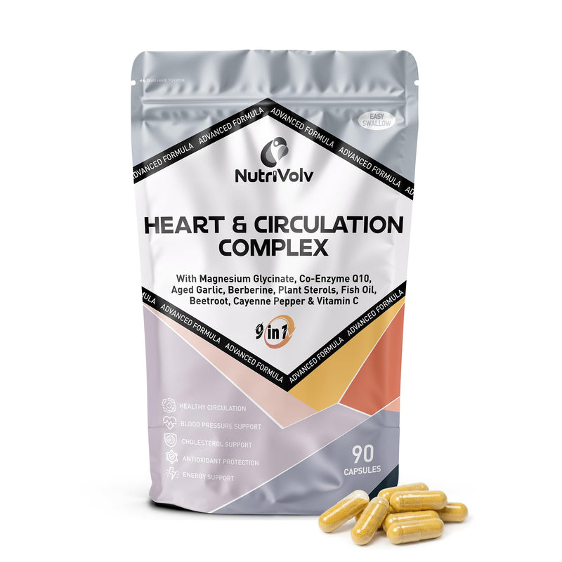 Heart & Circulation Complex | 90 Capsules | Healthy Circulation, Blood Pressure, Energy, Heart Support | Antioxidant | Fish Oil, CoQ10, Magnesium, Aged Garlic, Beetroot & More | UK Made | by NutriVolv