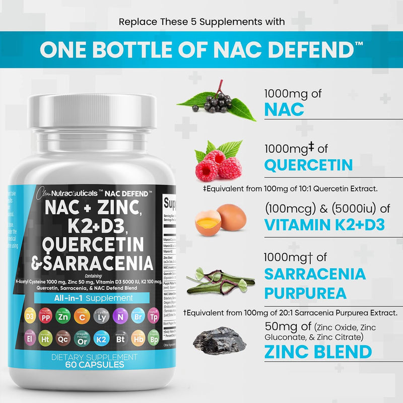 [Australia] - Clean Nutraceuticals NAC Supplement N-Acetyl Cysteine 1000mg Vitamin D3 K2 Zinc Quercetin 1000mg Sarracenia Purpurea 1000mg with Elderberry Holy Basil Bee Propolis Bromelain L-Lysine - 60 Count 