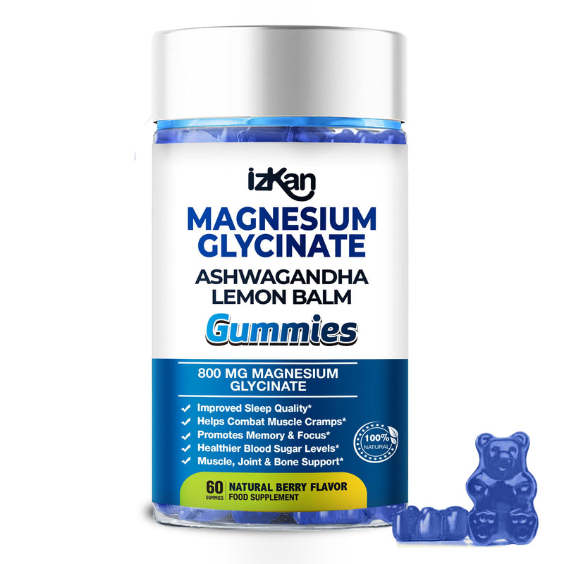 Magnesium Glycinate Gummies 800mg - Sugar Free Magnesium Supplement with Ashwagandha, Lemon Balm Extract & CoQ10 for Sleep, Stress & Muscle Relief & Nerve Health - 60 Gummies (Blueberry Flavor) (1) 1
