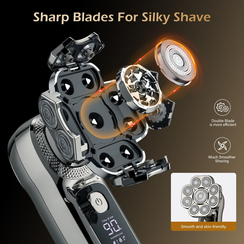 [Australia] - 9 Floating Heads Detachable Head Shavers,6 in 1 Electric Razor IPX6 Waterproof for Bald Men, Wet Dry Mens Grooming Kit,LED Display Rechargeable 9D Rotary Shaver Grooming Kit with Type-C Charge 