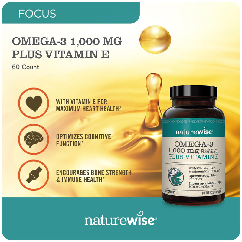 [Australia] - NatureWise Extra-Strength Omega 3 Fish Oil Supplement - 1000mg per Serving - 600 EPA & 400 DHA and Vitamin E - Support for Heart & Brain Health - Lemon Flavor, Non-GMO - 60 Softgels[1-Month Supply] 60 Count (Pack of 1) 