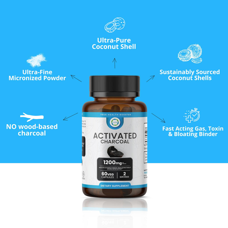 [Australia] - Activated Charcoal Capsules 1200 MG, 60 Veg Caps, 30-Days Premium Detox & Digestive Support, Gas & Bloating Relief, Organic Coconut Shell Charcoal, Gut Health, USA Made. 