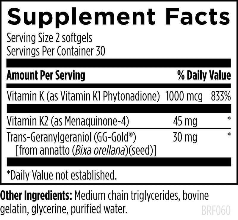 [Australia] - Designs for Health BRF 45 - Vitamin K1 + Vitamin K2 as MK-4 to Promote Bone Strength, Healthy Aging + Arterial Health - 2 Forms of Vitamin K + GG to Aid Vitamin K2 MK4 Production (60 Softgels) 