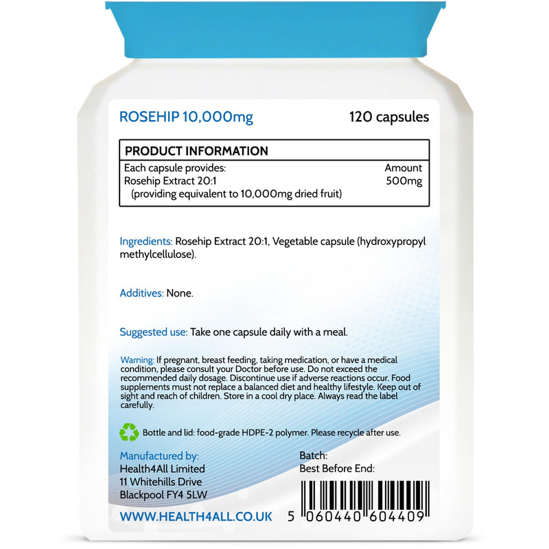 Health4All Rosehip 10,000mg per Capsule, 120 Capsules 4 Months Supply, High Strength Rosa Rugosa Hips Joint Support Supplement, Pure, Vegan, Naturally Sourced Extract (not Tablets) | Made in UK 120 count (Pack of 1)