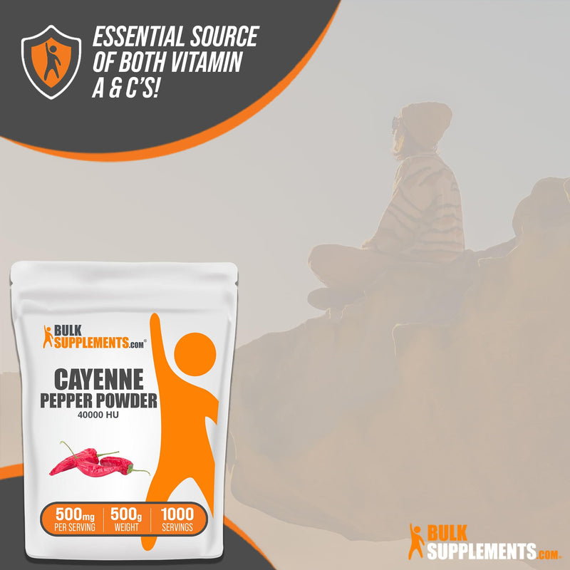 BulkSupplements.com Cayenne Pepper 40000 HU Powder - Capsaicin Supplements, Cayenne Pepper Supplements, Cayenne Pepper Powder - Capsicum Powder, Gluten Free, 500mg per Serving, 500g (1.1 lbs) 1.1 Pound (Pack of 1)