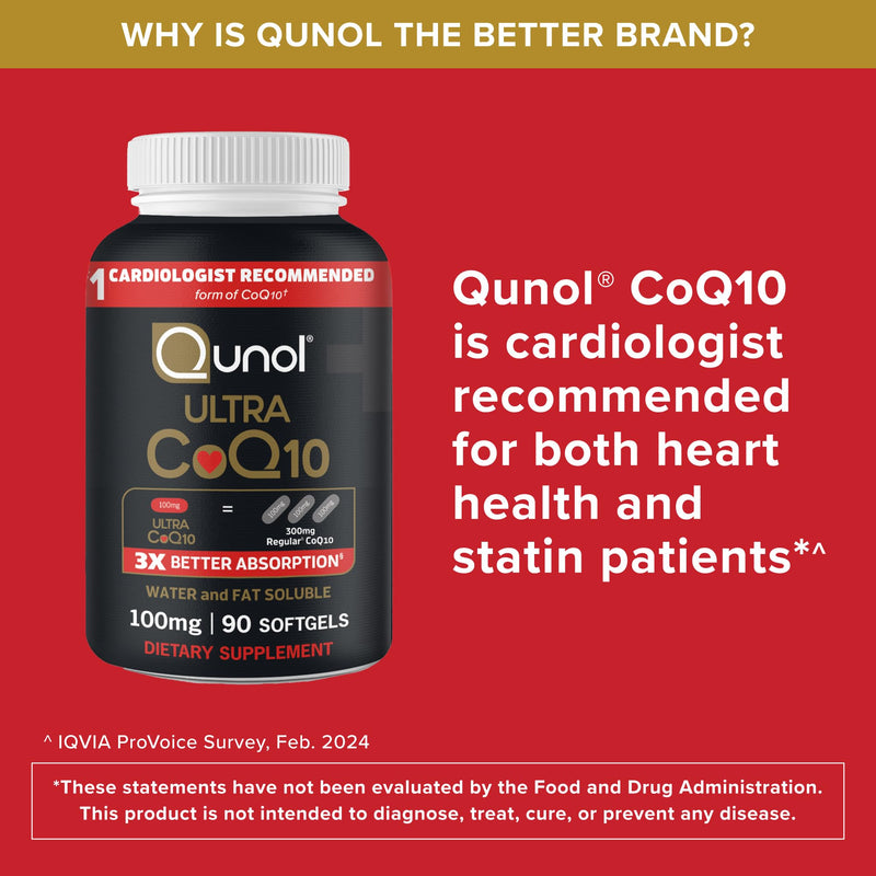 Qunol Ultra CoQ10 100mg, 3X Better Absorption, Antioxidant, 90 Softgels | #1 Cardiologist Recommended Supplement for Heart Health, Coenzyme Q10 Supplement to support Vascular Health & Cellular Energy 90 Count (Pack of 1)