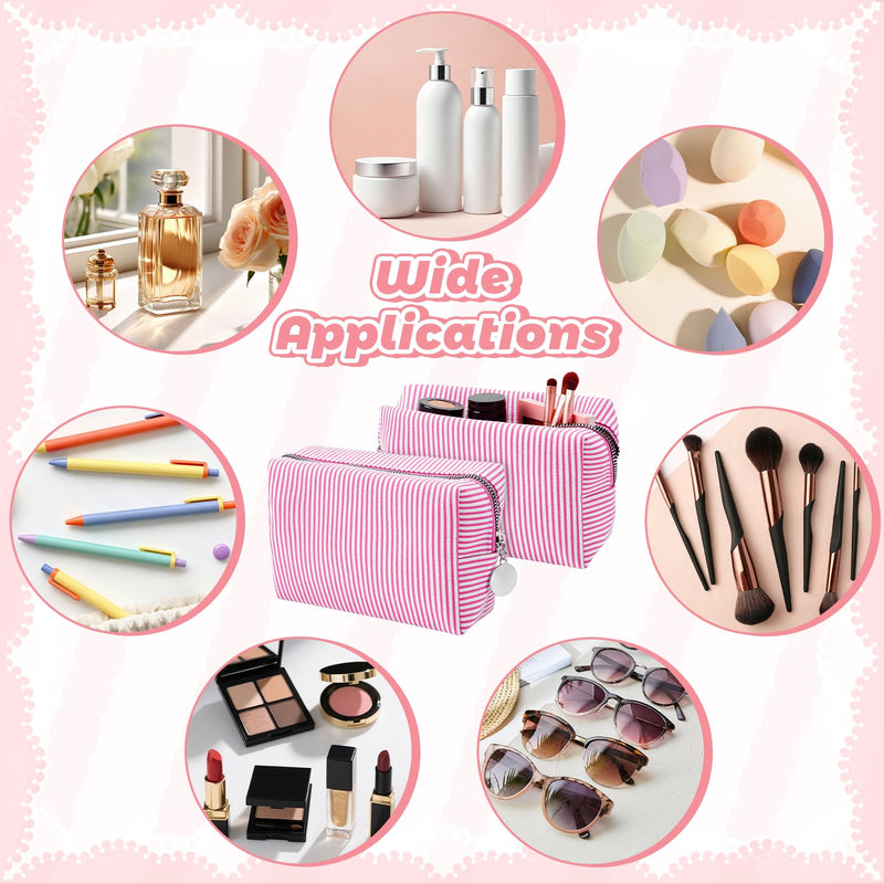 12Pcs Seersucker Makeup Bag Bulk Striped, Seersucker Cosmetic Bags Women, Large Travel Toiletry Bag Makeup Organizer Purse, Preppy Cosmetic Pouch for Wedding Bridesmaid Mom Gift (Pink) Pink 12
