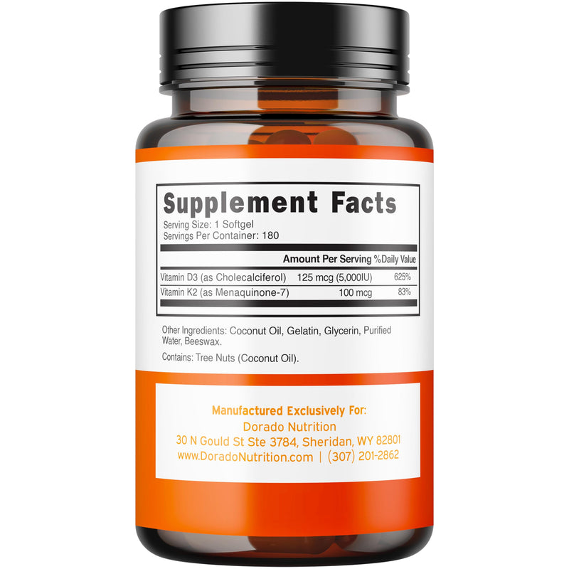 Vitamin D3 K2 Supplement (180 Softgels) Vitamin D3 K2 5000iu/100mcg - Supplement with D & K - Support Bone and Immune Health for Adult - Vegan, NON GMO, Third Party Tested - Made in USA -180 Count
