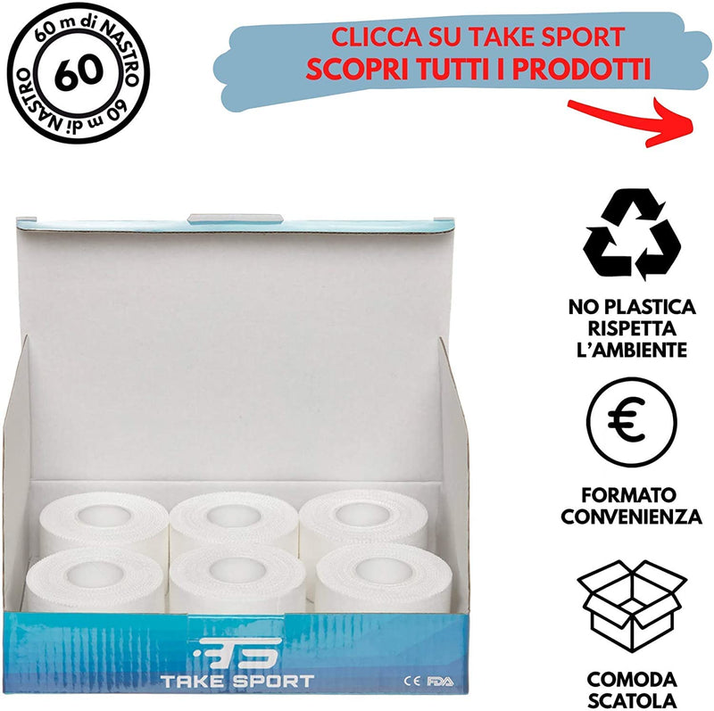 TAKE Sport®, Tape Sportivo, Nastro fasciature, Nastro Sportivo, Sport Tape. 6 rotoli 3,8 x 10m, 100% Cotone, Bordo Zig Zag, Non Elastico. Bianco (6)