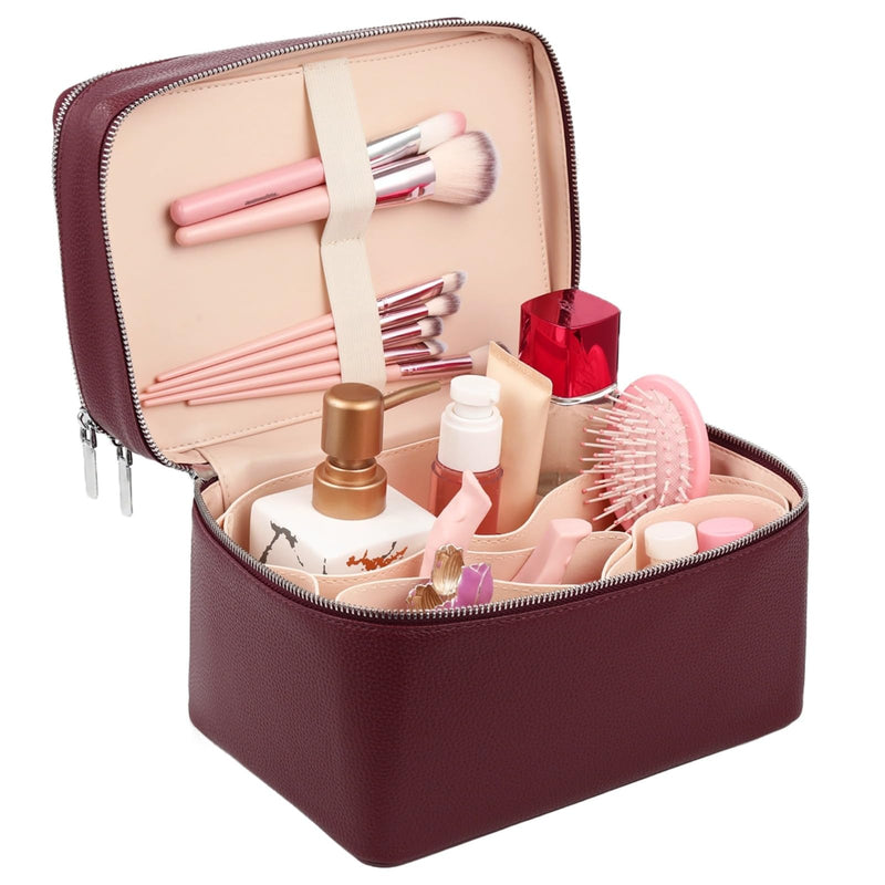 Makeup Vanity Bag for Women - Large Capacity Cosmetic Organizer with Removable Liner, Waterproof PU Leather Skincare Bag, Portable Chic Cosmetic Make Up Case for Skincare, Accessories,StyleC, Burgundy StyleC