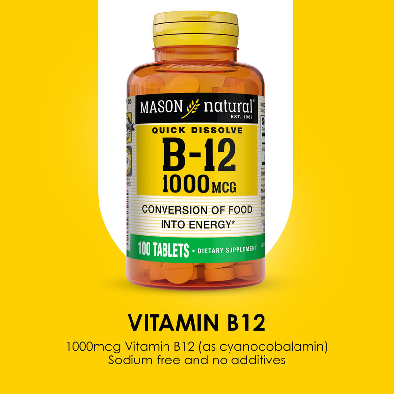 MASON NATURAL Vitamin B-12, 1000 mcg Quick Dissolve Tablets, 100 Day Supply | 1000mcg quick-dissolve vitamin B12 tablets to support normal energy, red blood cell production & nerve function 100 Count (Pack of 1)