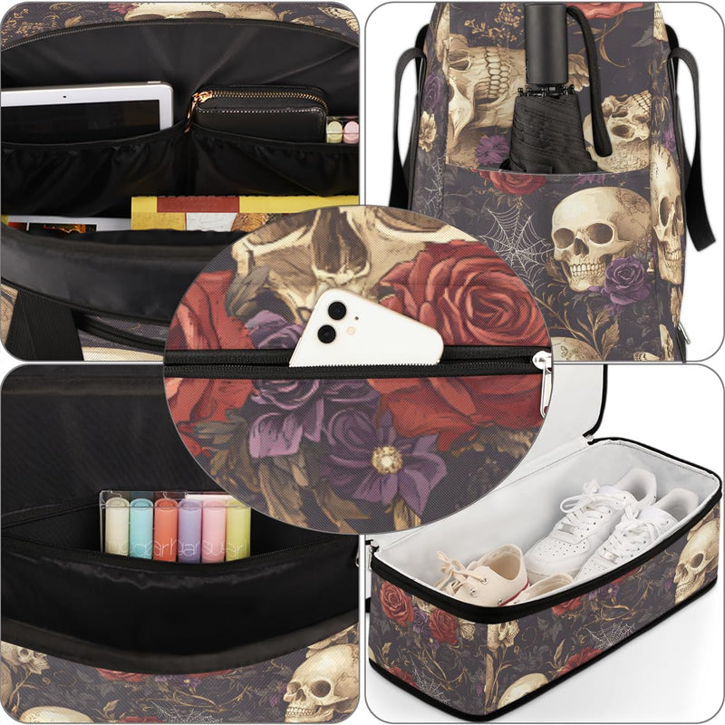 Skull Gothic Rose Flower Travel Duffel Bag Tote Carry On Luggage Sports Gym Bag With Shoe Compartment For Woman Man Overnight Weekend Yoga Workout Training Handbag B-1