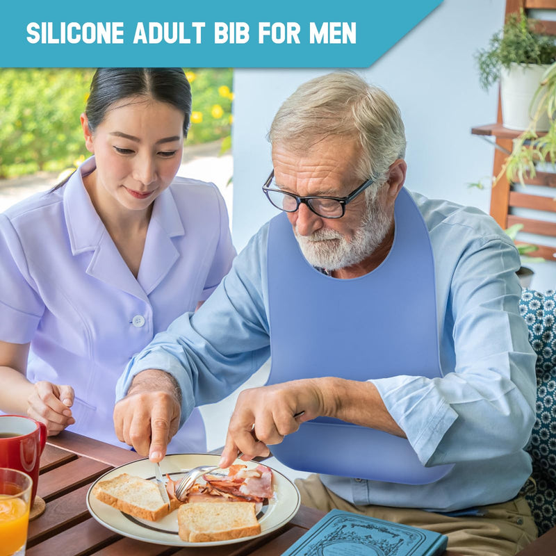 [Australia] - Adjustable Silicone Adult Bib, Washable Bib for Men & Women, Waterproof Bib for Elderly with Crumb Catcher Blue 