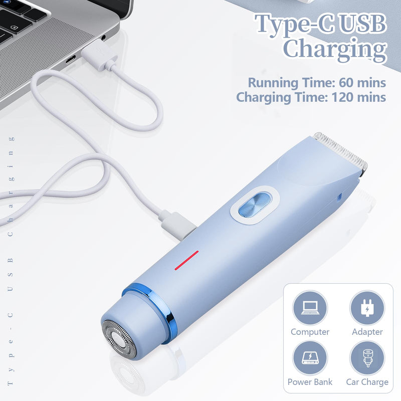 [Australia] - Ladies Electric Razor, 2 in 1 Dual Head Shaver Women, Bikini Trimmer for Women Personal Body Face Leg Arm Hair USB Charge Waterproof Wet and Dry (Blue) Blue 