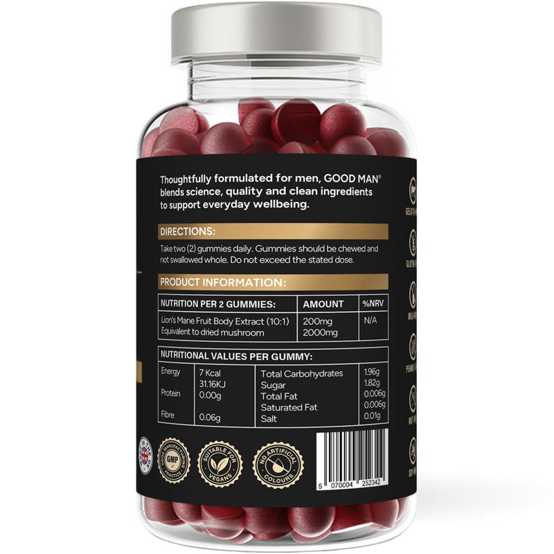 Good Man Lion’s Mane Gummies | High Strength Mushroom Supplement for Focus & Mental Clarity | 2000mg per Serving | Natural Berry Flavour | Vegans | 60 Gummies | UK Manufactured
