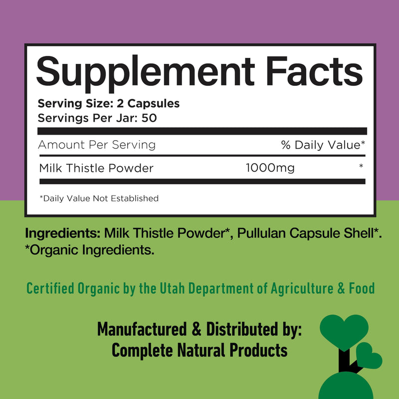 [Australia] - Complete Natural Products Pure Organic Milk Thistle Capsules - 500 mg Silymarin Powder 100 Pills 100 Count (Pack of 1) 