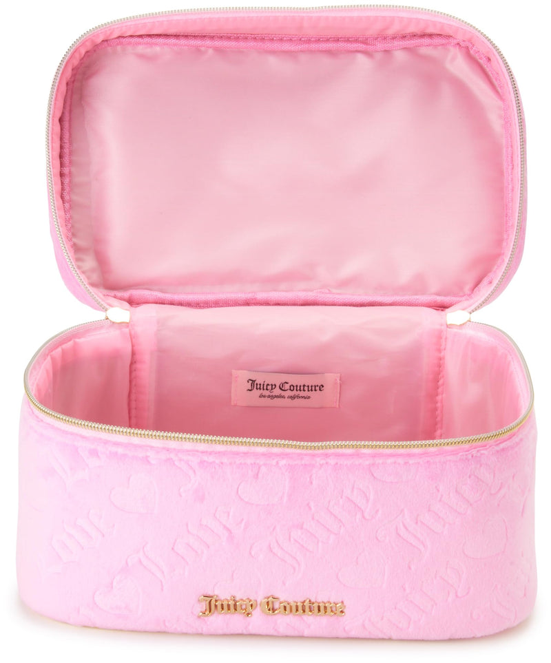 Juicy Couture Pink Makeup Bag Cosmetics Organizer Travel Essentials Train Case Velour Heart Logo