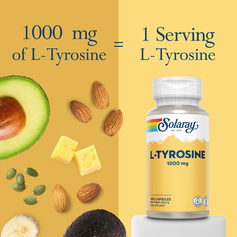 Solaray L-Tyrosine Free-Form Amino Acid Supplement 1000mg - 100 High Strength Capsules - 500mg L Tyrosine per Capsule - Lab Verified, Gluten Free 100 count (Pack of 1)