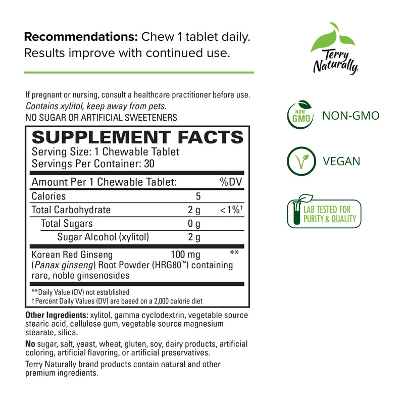 [Australia] - Terry Naturally HRG80 Red Ginseng Energy - 30 Chewable Tablets - Red Ginseng Root Powder, Panax Ginseng, HRG80 - Non-GMO, Vegan, Gluten Free - 30 Servings 1 