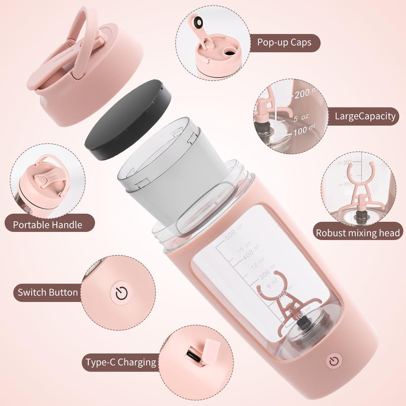 [Australia] - Shaker Bottle, Electric Shaker, USB C Rechargeable Electric Mixer, Refillable, Powerful for Smooth Protein Shakes - Includes Additional Storage, Cup 600ml (Pink) Pink 