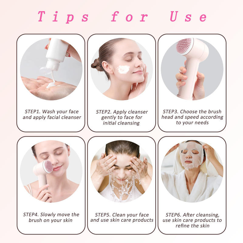 Electrical Facial Cleansing Brush, Multi-Function Face Wash Brush with Base and 2 Brush Heads, Portable Face Scrubber for Deep Skin Cleaning and Gentle Exfoliating (Pink) Pink