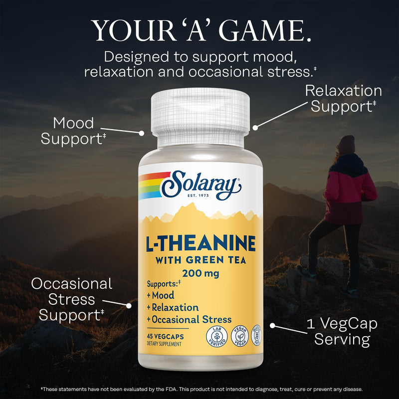 SOLARAY L-Theanine 200 mg with Green Tea, 45 VegCaps | Mood, Relaxation & Occasional Stress Support, 45 Servings, Vegan, Gluten Free, Lab Verified