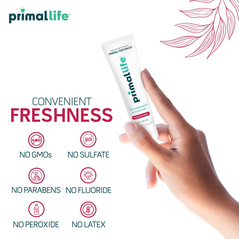 [Australia] - Primal Life Organics Premium Dirty Mouth Mineral Toothpaste - Nano-Hydroxyapatite, Colloidal Silver, Charcoal - Organic, All Natural Whitening Formula (Peppermint Flavor, 4 Oz) Peppermint 