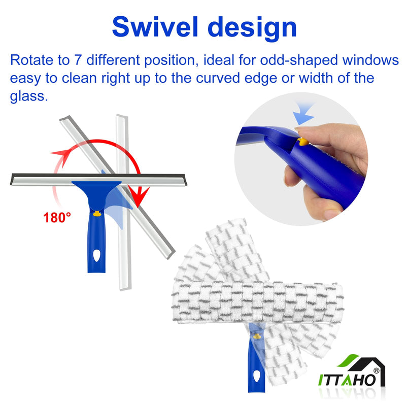 [Australia] - ITTAHO Squeegee for Window Cleaning,12" Squeegee and 11" Microfiber Scrubber Combi with Stainless Steel Pole,Extendable Window Cleaner for Car,Sliding Door,Shower Glass Door-Swivel Style-2 Pads Blue 12" Squeegee 