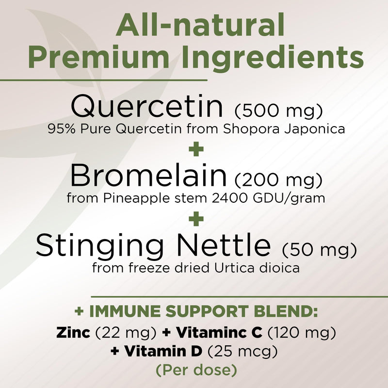 [Australia] - Quercetin with Vitamin C and Zinc - Nettle Quercetin - Quercetin 500mg - Quercetin with Bromelain - Zinc Quercetin + Vitamin D3 - 120 Veggie Caps - (Non-GMO, Gluten-Free, Vegan) - 2 Month Supply 120 Count (Pack of 1) 