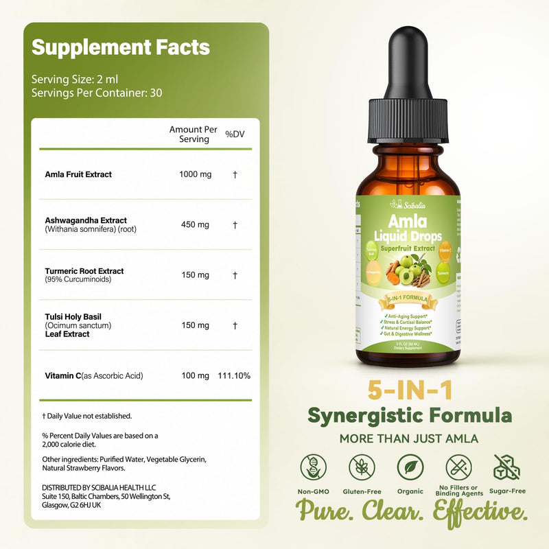 Organic Amla Liquid Drops, Indian Gooseberry Amla Superfruit Extract 1000mg | Advanced 5-in-1 Amla Herbal w. Ashwagandh Turmeric Tulsi for Antioxidant Energy & Digestive Hair Ayurvedic Daily Wellness