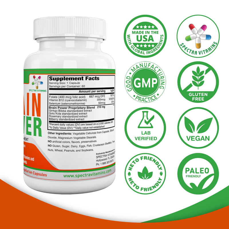 Brain Power, 60 Capsules, for Men & Women | Supports Focus, Nootropics, Improves Memory, Alertness, Ginkgo Biloba, Gotu Kola