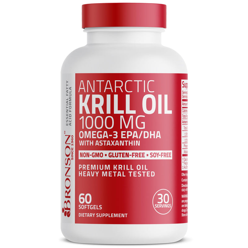 Bronson Antarctic Krill Oil 1000 mg with Omega-3s, 60 Softgels | Heavy Metal Tested, with EPA, DHA, Astaxanthin and Phospholipids, Non-GMO, Gluten Free, Soy Free 60 Count (Pack of 1)