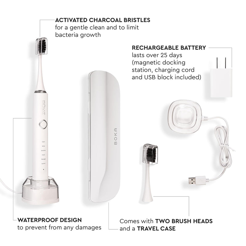 [Australia] - Boka 3.0 Electric Toothbrush for Adults w/ 2 Heads - Rechargeable Sonic Powered Tooth Brush - Charcoal Activated Bristles for Deep Cleaning - Dentist Recommended Oral Care - Charging Base w/Micro USB Boka 3.0 