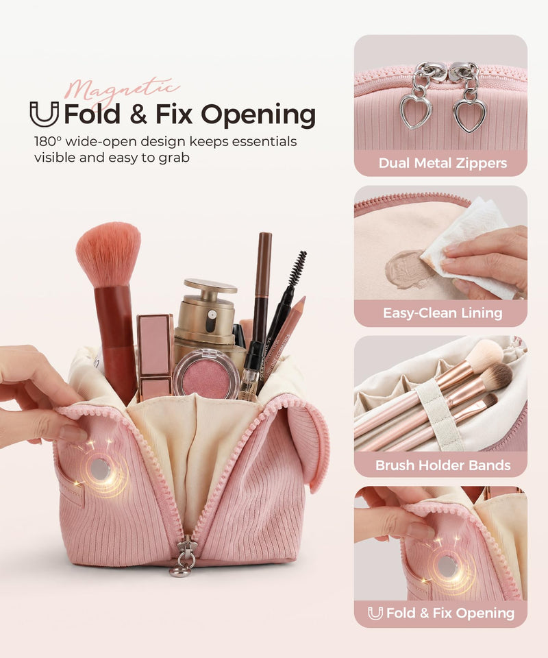 Makeup Bag Set for Women, 2 Pcs Corduroy Travel Cosmetic Organizer, Detachable Clear Pouch and Shell Shape Case, Waterproof Toiletry Storage for Beauty Essentials, Pink