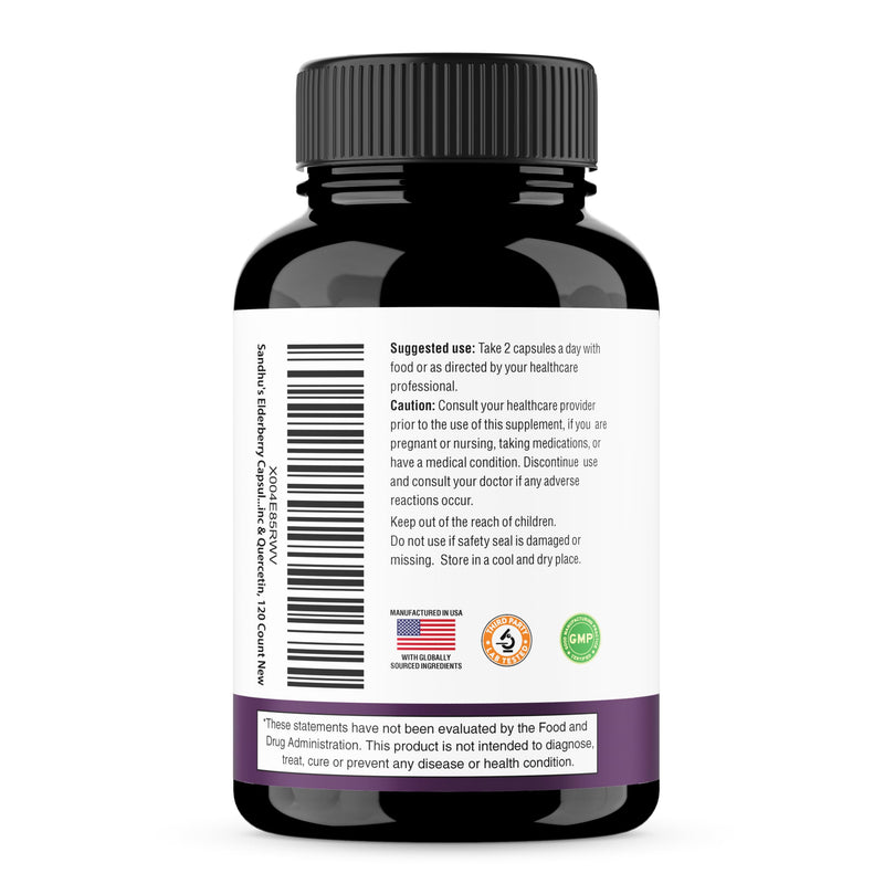 Elderberry Vitamin C and Zinc Capsules with D3 and Quercetin, 360 Count | 6-in-1 Immune Support Supplements For Adults, Sambucus Extract Zink Ginger USA Made in NSF GMP Certified Facility By Sandhu's 120 Count (Pack of 3)