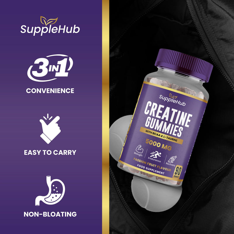 Creatine Gummies 5000mg - Creatine Monohydrate with BCAA & L-Taurine (90 Gummies), Vegan, Sugar Free, Gym Supplement, PassionFruit Flavour