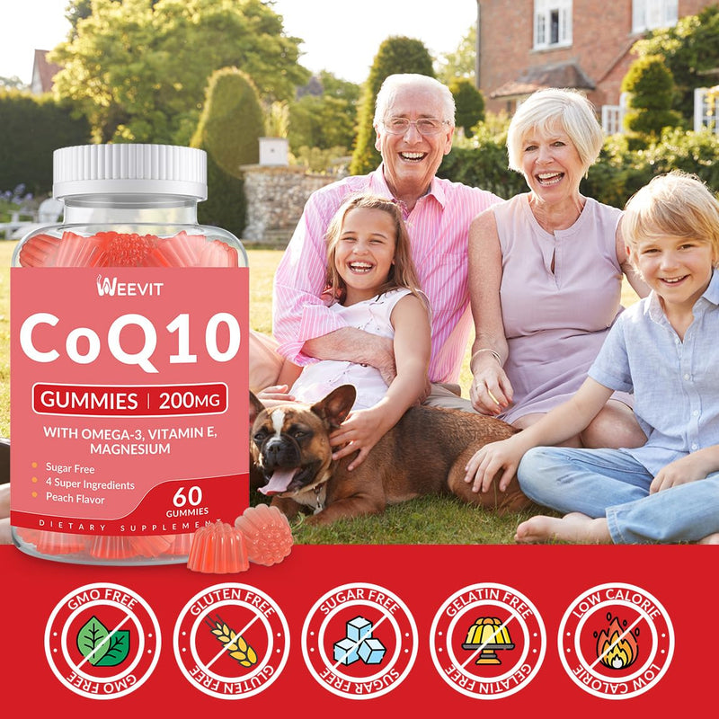 CoQ10 Gummies, CoQ10 200MG with Omega 3, EPA + DHA, Magnesium, Vitamin E | Co Q10 Supplements, Coenzyme Q10 for Adults, Sugar Free, Vegan 60 Count (Pack of 2)