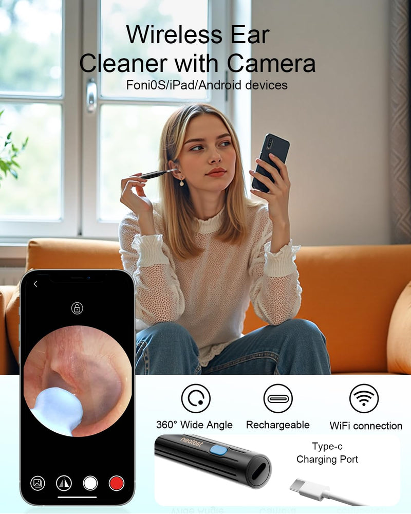 [Australia] - Ear Wax Removal Tool 8 PCS Ear Cleaner with Camera Rechargeable Earwax Removal Kit with 5 Ear Spoon Smart Ear Cleaner for iOS and Android(Black) 