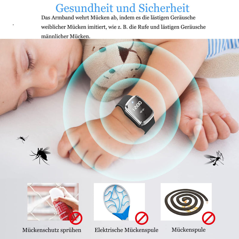 [Australia] - Feloyal Mosquito Repellent Bracelets, Rechargeable USB Ultrasonic Waterproof Anti-Mosquito Watch for Indoor and Outdoor Use, Suitable for Adults and Children (Black) 