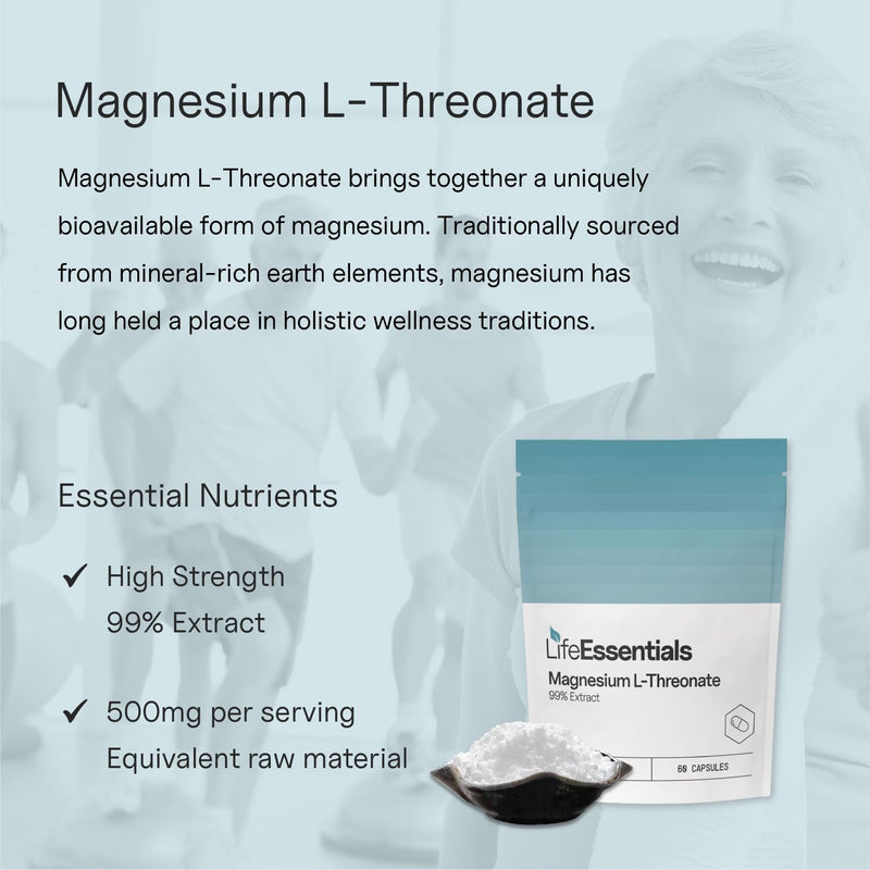 Life Essentials Magnesium L-Threonate 500mg Capsules - Brain Support Supplement for Memory & Cognitive Function - Superior Absorption - 60 Vegetarian Capsules