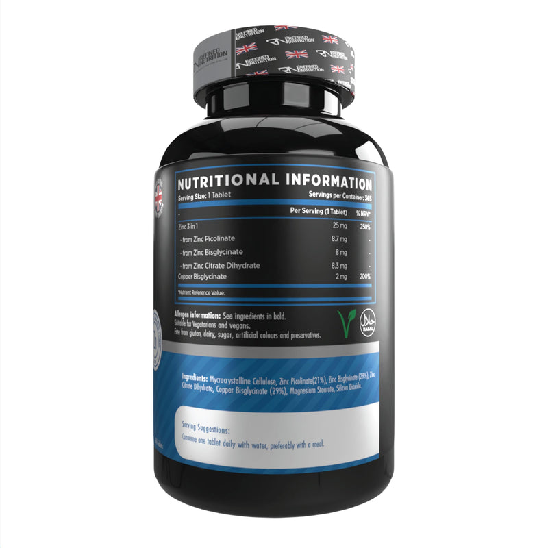 Refined Nutrition Ultra 3-in-1 Zinc Tablets | 25mg High Strength Zinc Picolinate, Bisglycinate & Citrate with Copper | 365 Vegan Supply (1 Year) | Immune System & Skin Support | UK Made 365 count (Pack of 1)