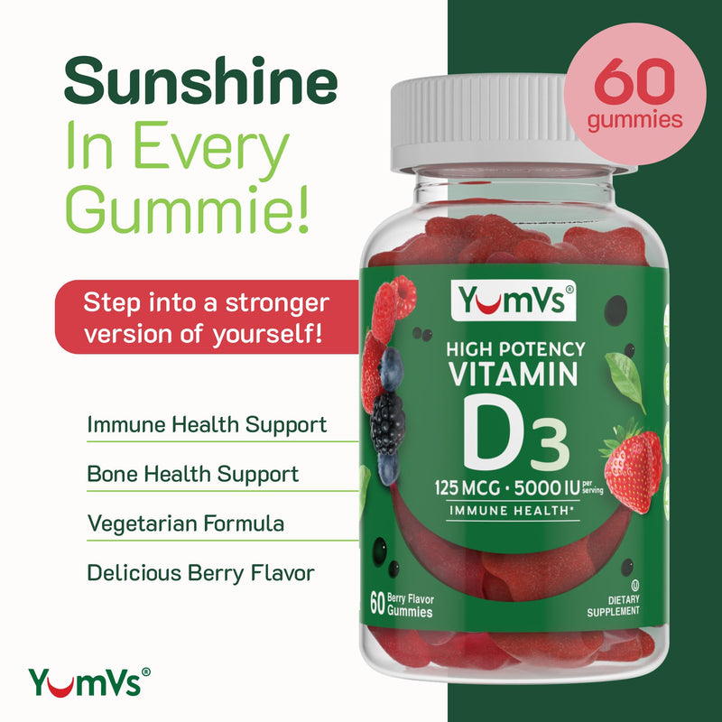 YUM-V'S Vitamin D3 Gummies 5000 IU 125mcg D3 Gummies - Support Immune Support, Strong Bone Health - Non-GMO, Gluten-Free, Dairy-Free, Vitamin D Gummy (60 Count) 60 Count (Pack of 1)